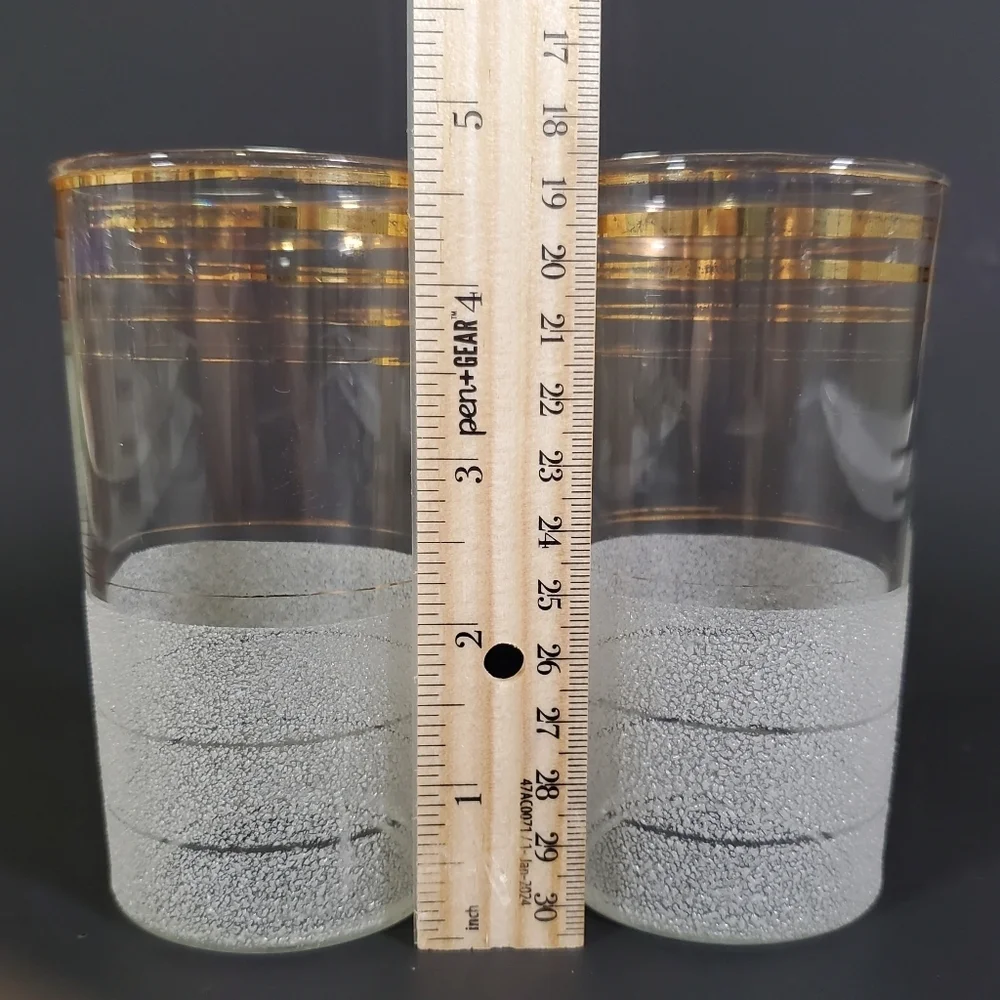 Frosted Highball Glasses with Gold Banding MCM Barware Set of 2 Vintage